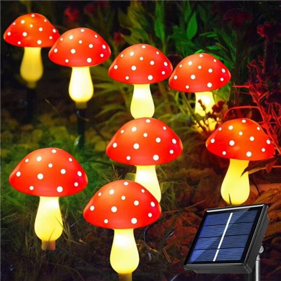 8-Pack Red Solar Mushroom Lamp, 8 Modes, Outdoor Waterproof, for Garden Decor - Picture 1 of 8